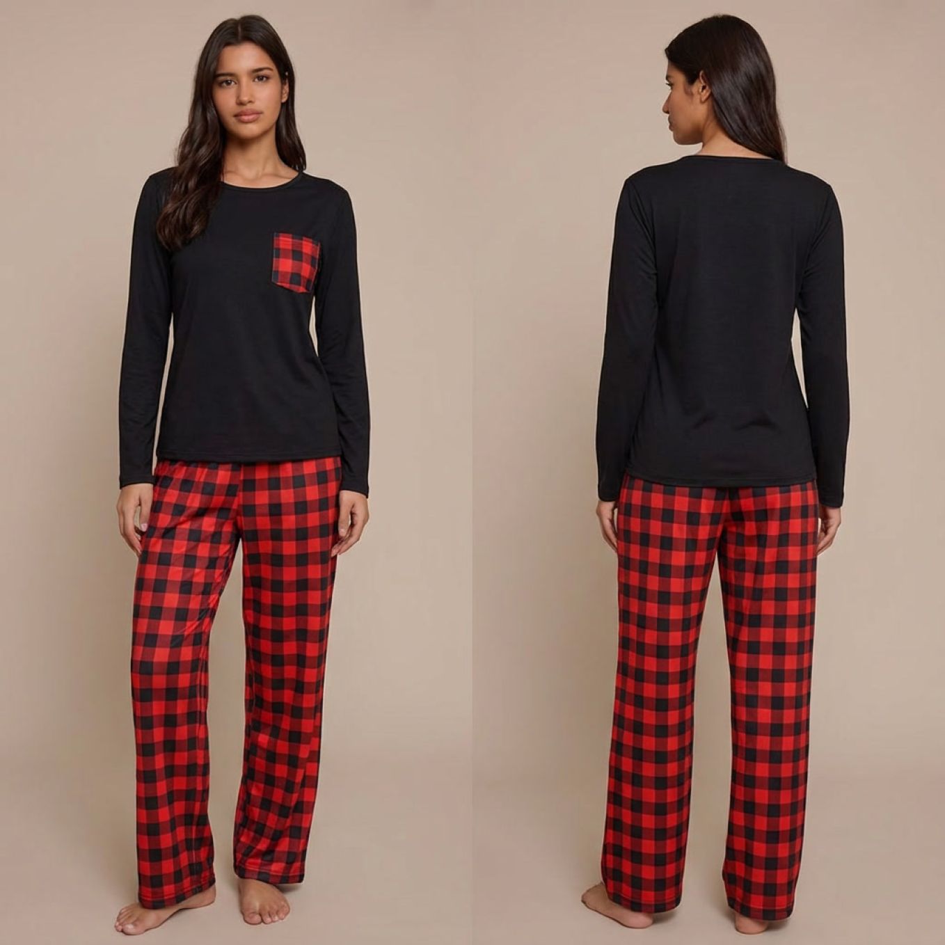Pyjama femme à carreaux motif vichy rouge deux pièces manches longues sur modèle hiver printemps 2026
