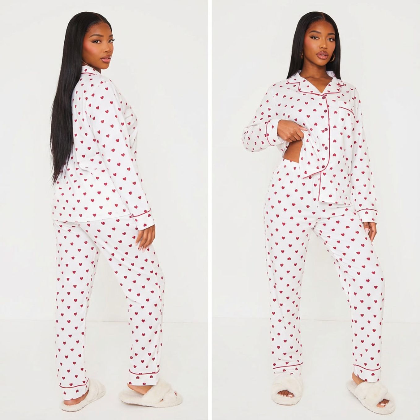 Pyjama femme deux pièces manches longues blanc à cœurs rouges – hiver printemps 2026