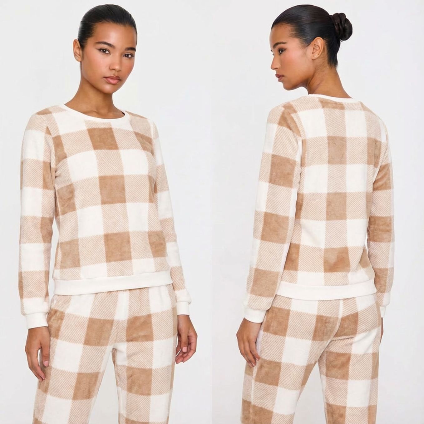Pyjama femme en flanelle épaisse manches longues kaki à carreaux profil sur modèle hiver printemps 2026