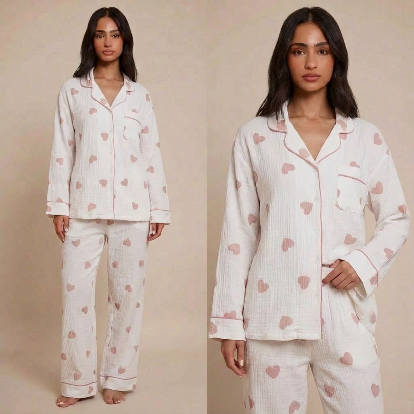 Pyjama femme en gaze de coton blanc à cœur rose – printemps été 2026