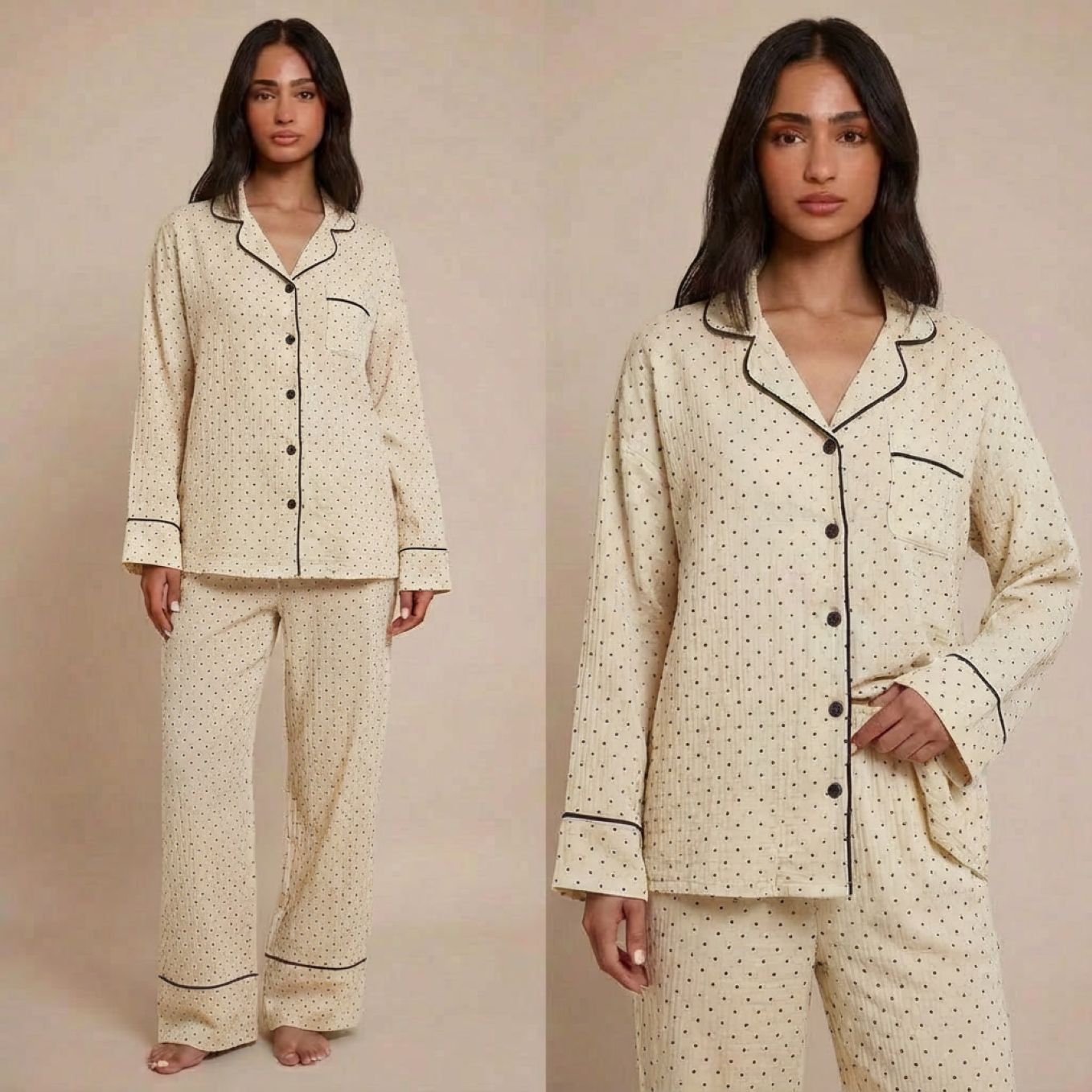 Pyjama femme gaze de coton jaune clair à pois noirs – ensemble léger printemps été 2026