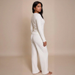 Pyjama femme jacquard manches longues maille pointelle blanc profil sur modèle printemps 2026