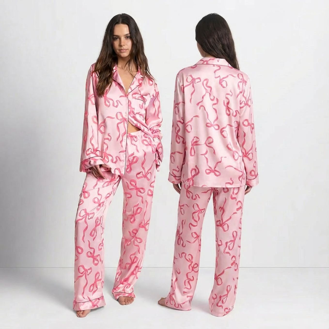 Pyjama femme satin 2 pièces imprimé nœuds roses manches longues sur modèle hiver printemps 2026