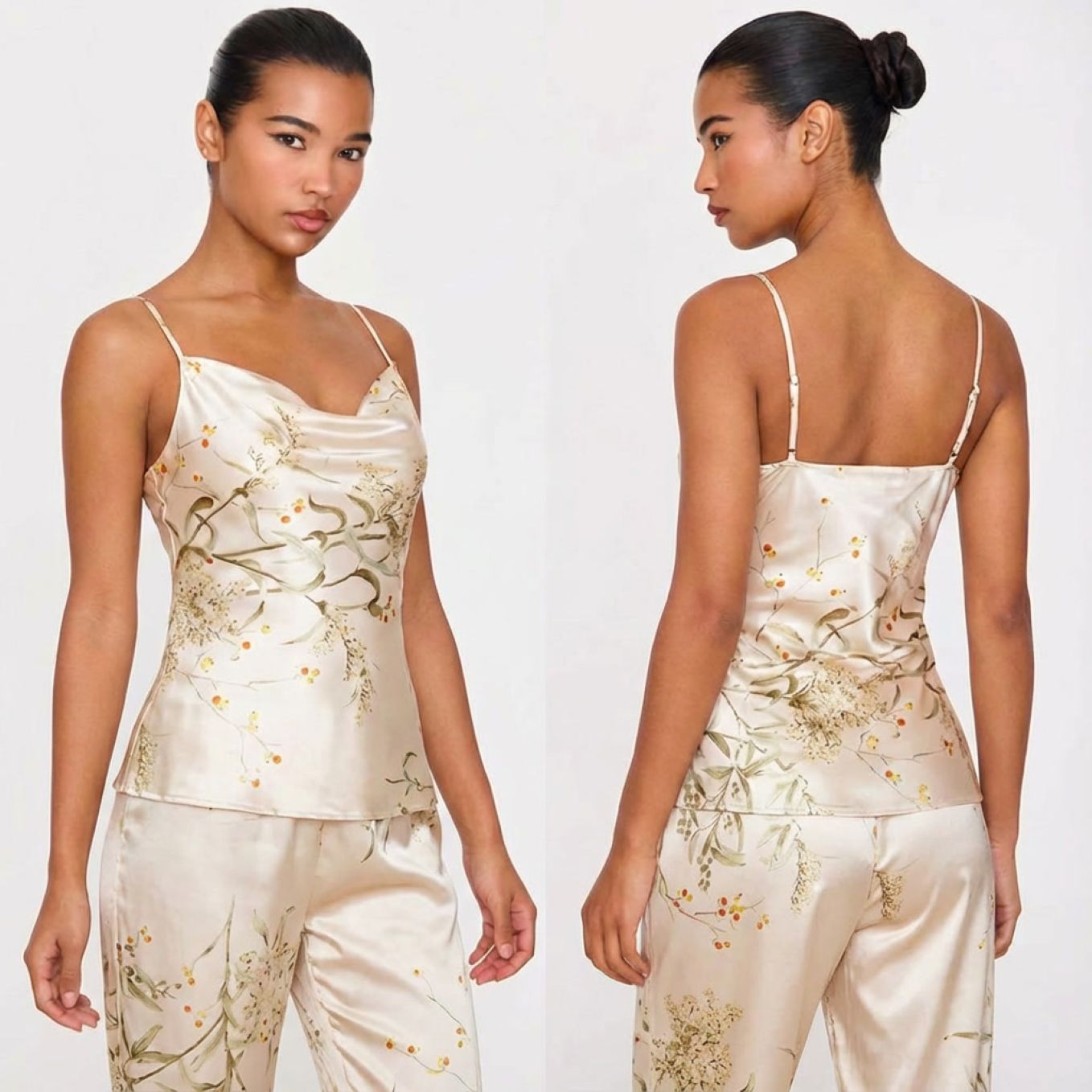 Pyjama femme satiné imprimé floral 2 pièces top bretelles beige sur modèle hiver printemps 2026