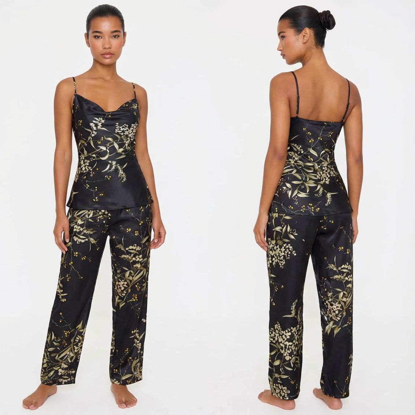Pyjama femme satiné imprimé floral 2 pièces top bretelles noir sur modèle hiver printemps 2026