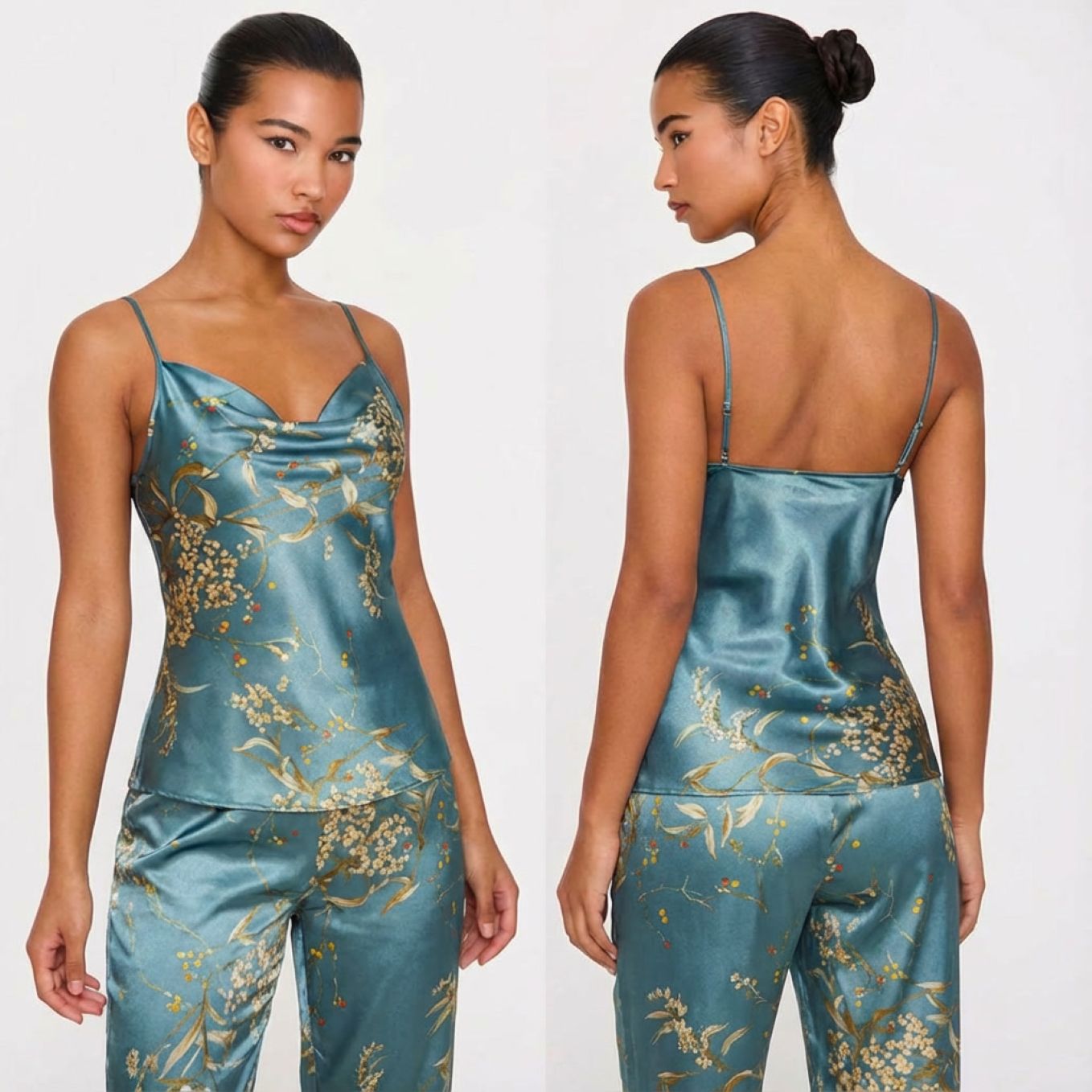Pyjama femme satiné imprimé floral 2 pièces top bretelles vert sur modèle hiver printemps 2026