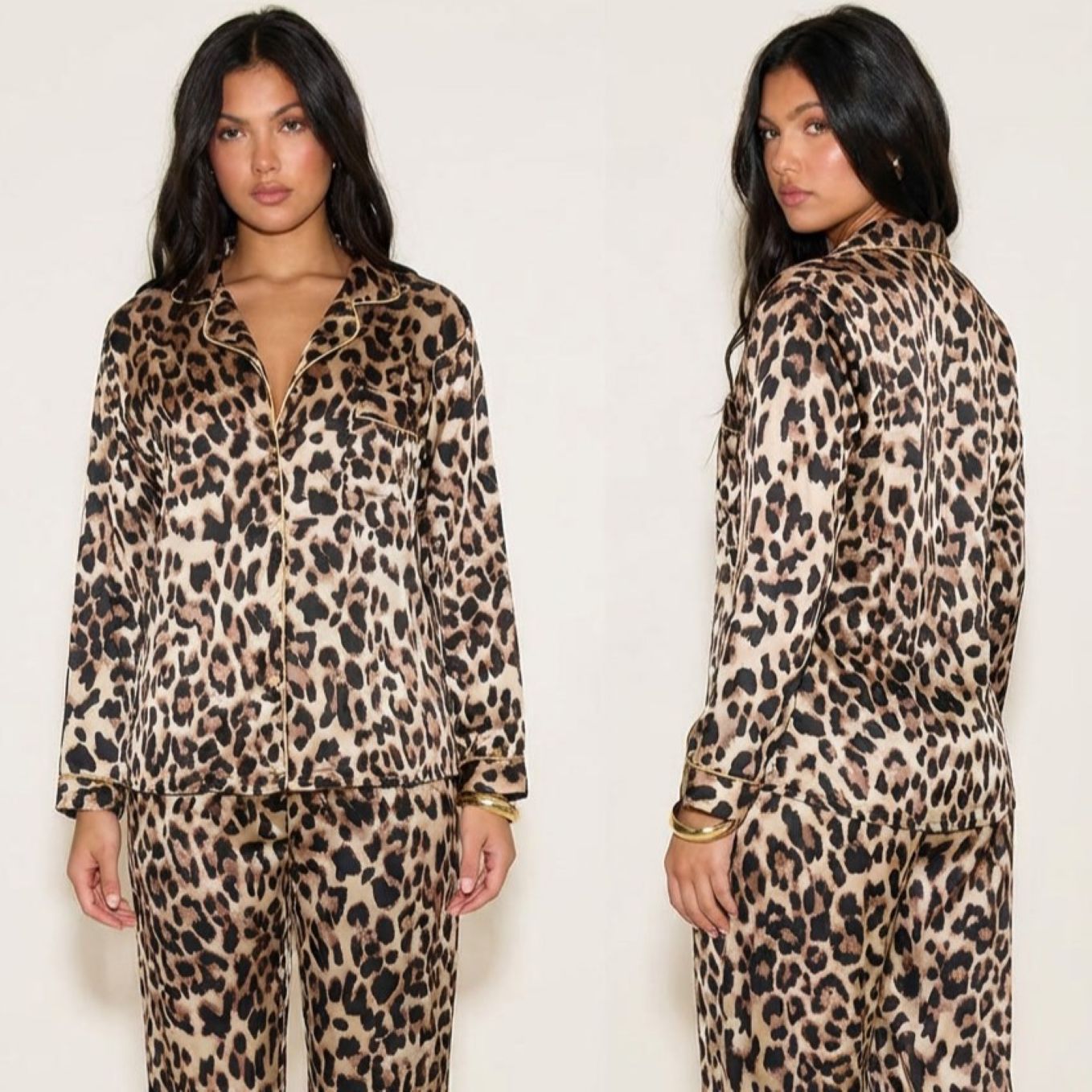 Pyjama femme satiné imprimé léopard manches longues sur modèle hiver printemps 2026