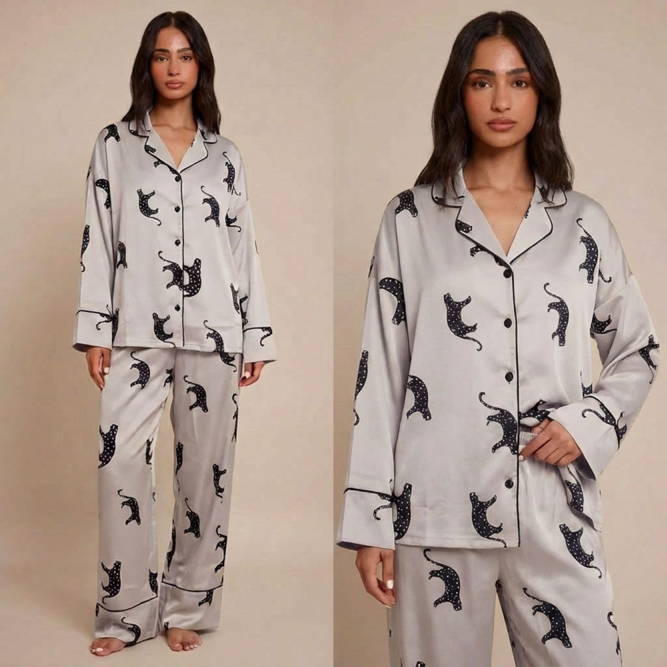 Pyjama femme deux pièces en soie glacée gris violacé motif chat – printemps été 2026