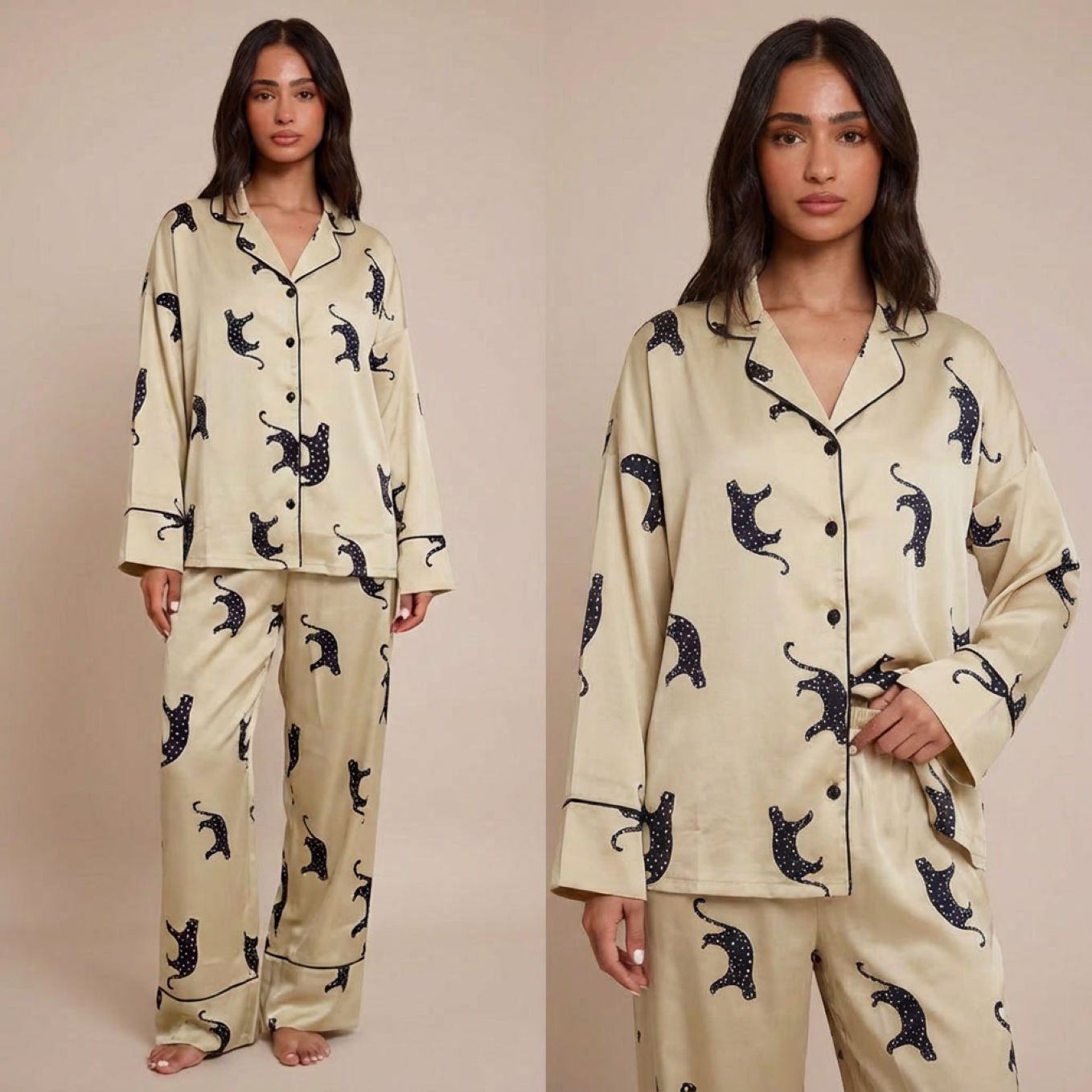 Pyjama femme deux pièces en soie glacée vert jaunâtre motif chat – printemps été 2026