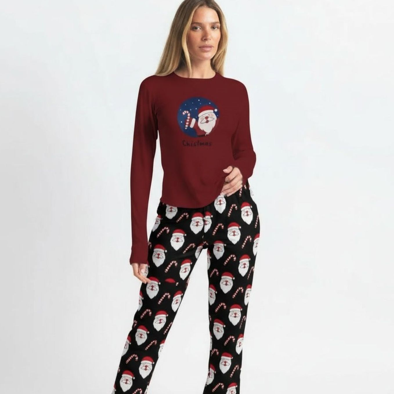 Pyjama Noël femme imprimé Père Noël ensemble lycra confortable