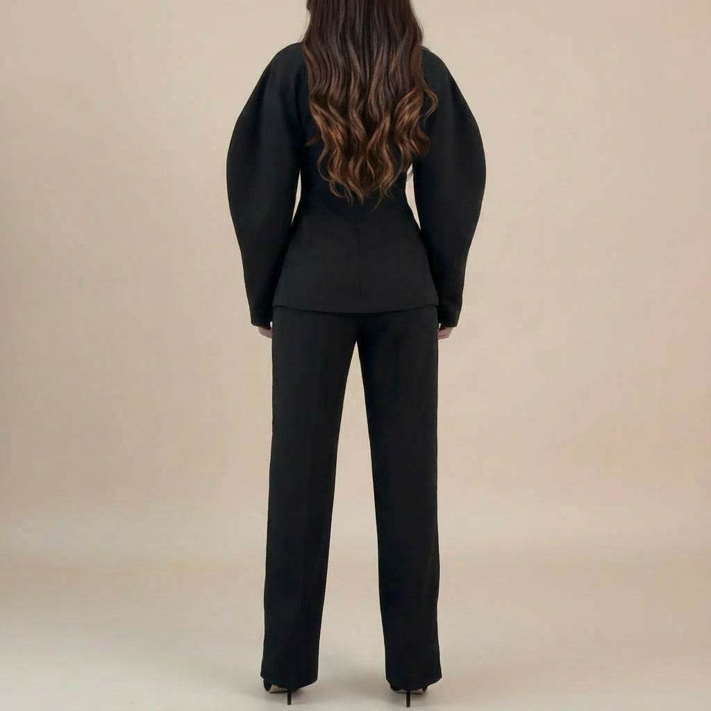 Tailleur femme noir pantalon droit vue dos – ensemble élégant automne hiver