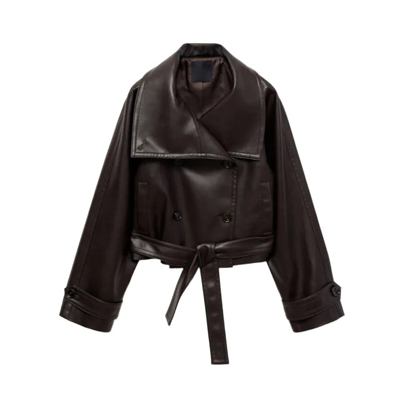 Veste courte femme faux cuir ceinturée col montant style chic automne hiver printemps